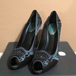 René Caovilla Teal and Black Jeweled Heels
